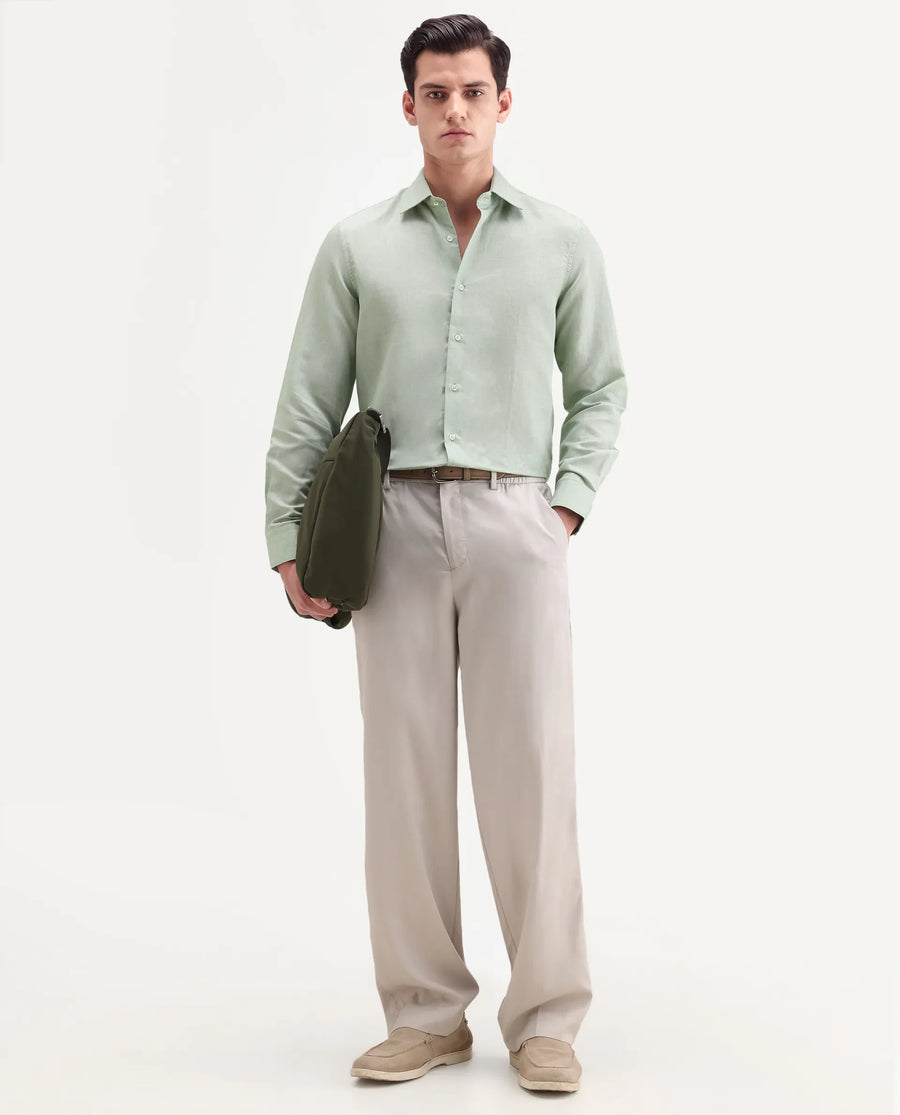 Rare Rabbit Men's Commas Light Green Linen Blend Plain Regular Fit Full Sleeve Collared Shirt