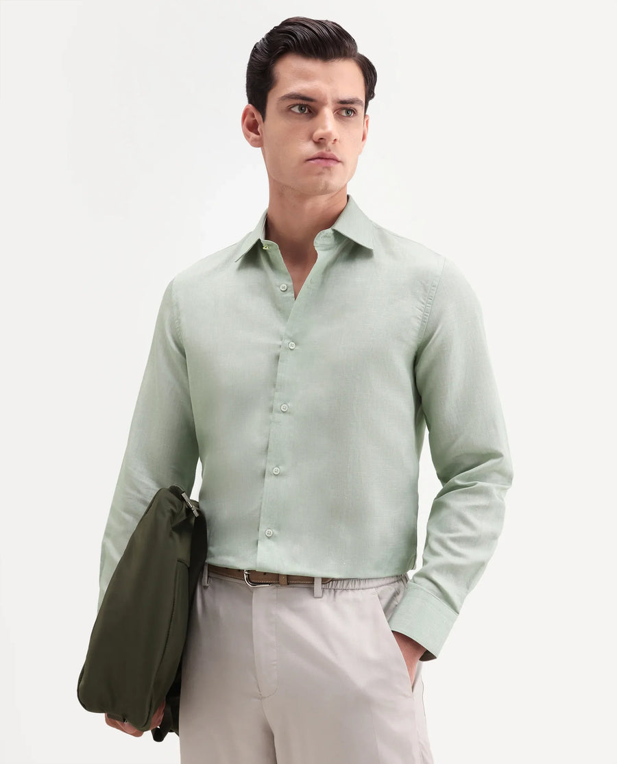 Rare Rabbit Men's Commas Light Green Linen Blend Plain Regular Fit Full Sleeve Collared Shirt