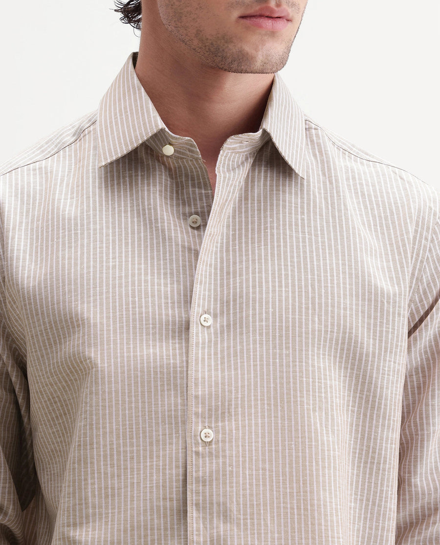 Rare Rabbit Men's Stoll Dusky Pink Cotton Blend Striped Print Regular Fit Full Sleeve Collared Shirt