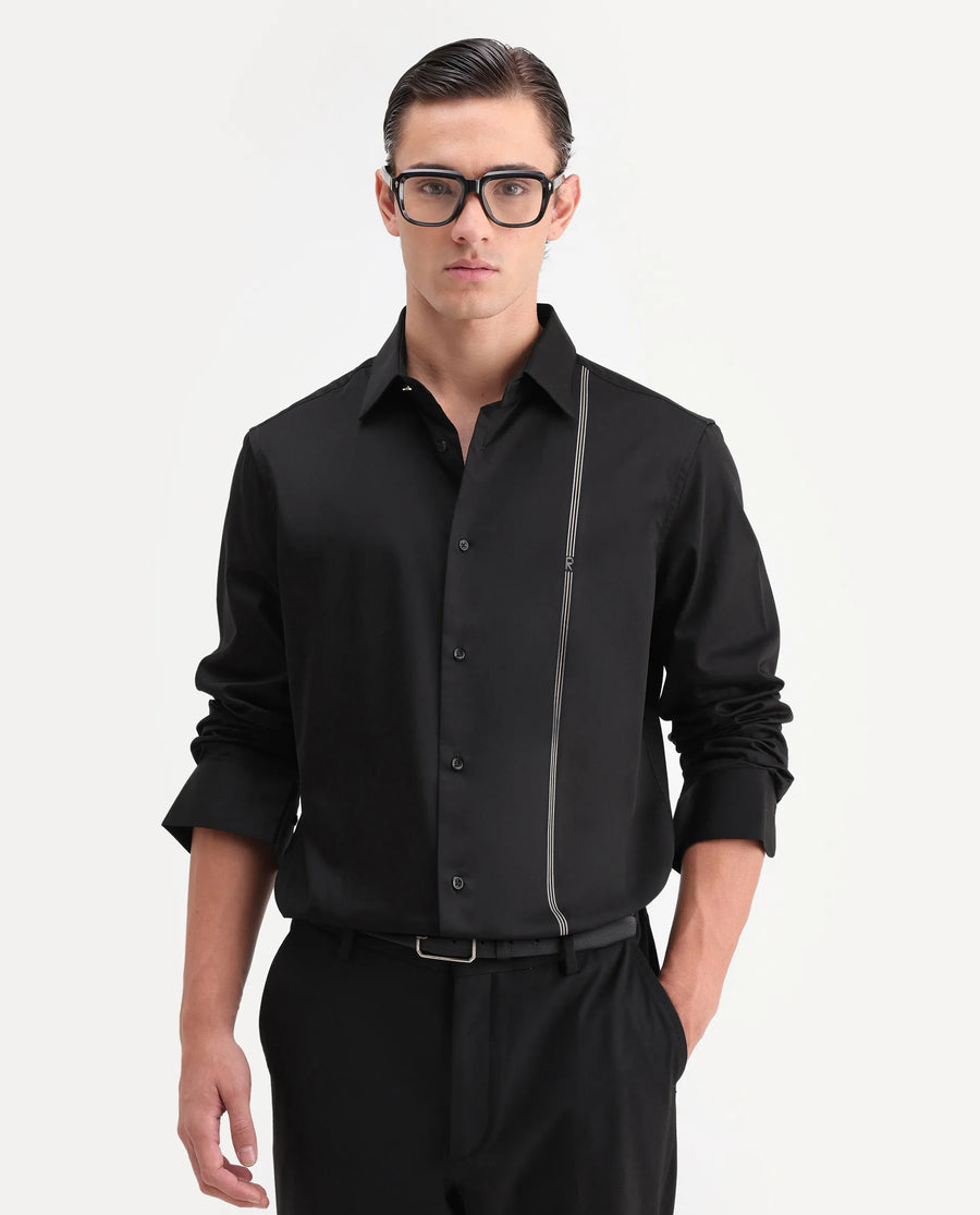 Rare Rabbit Men's Fump Black Cotton Jacquard Regular Fit Full Sleeve Collared Shirt