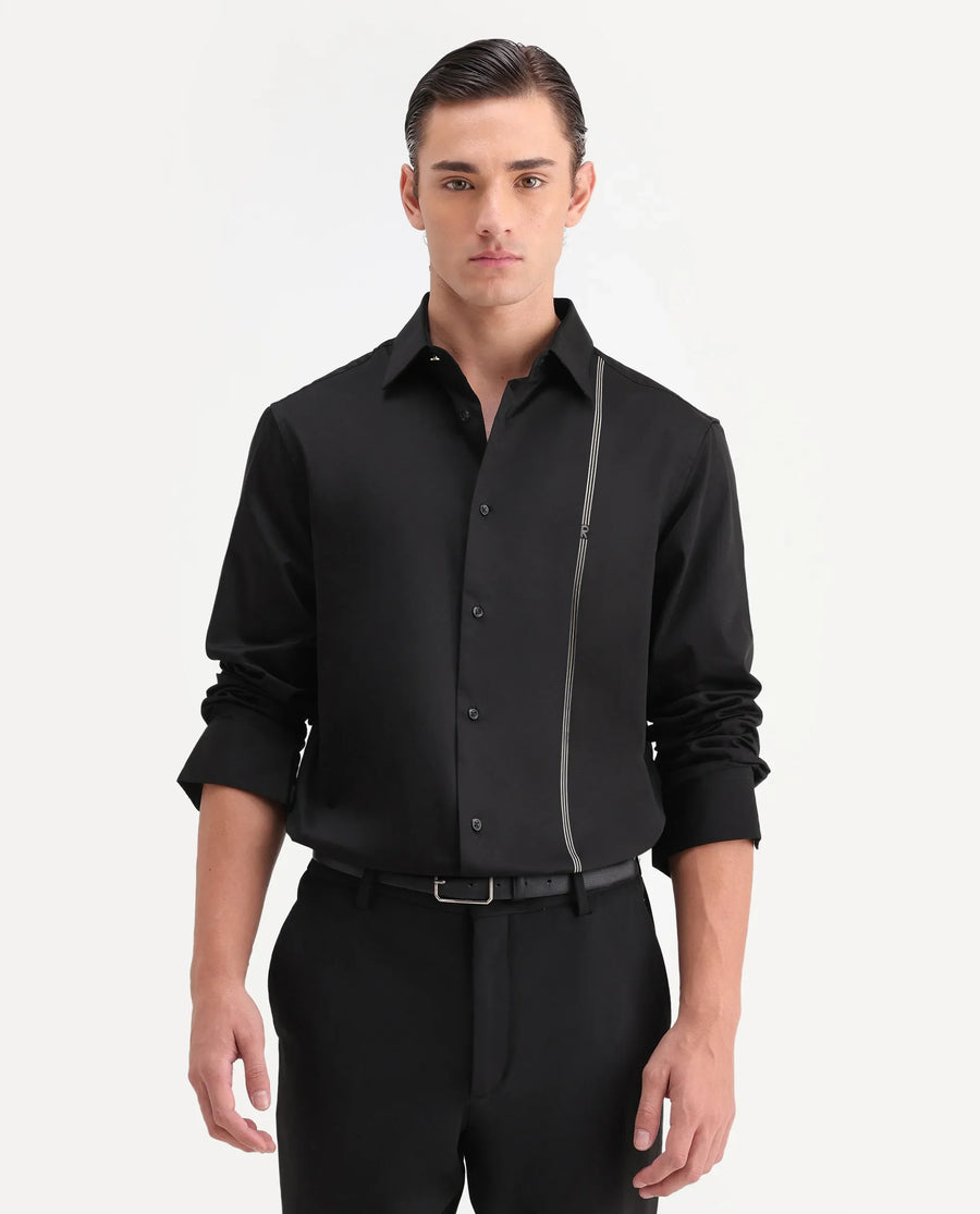 Rare Rabbit Men's Fump Black Cotton Jacquard Regular Fit Full Sleeve Collared Shirt