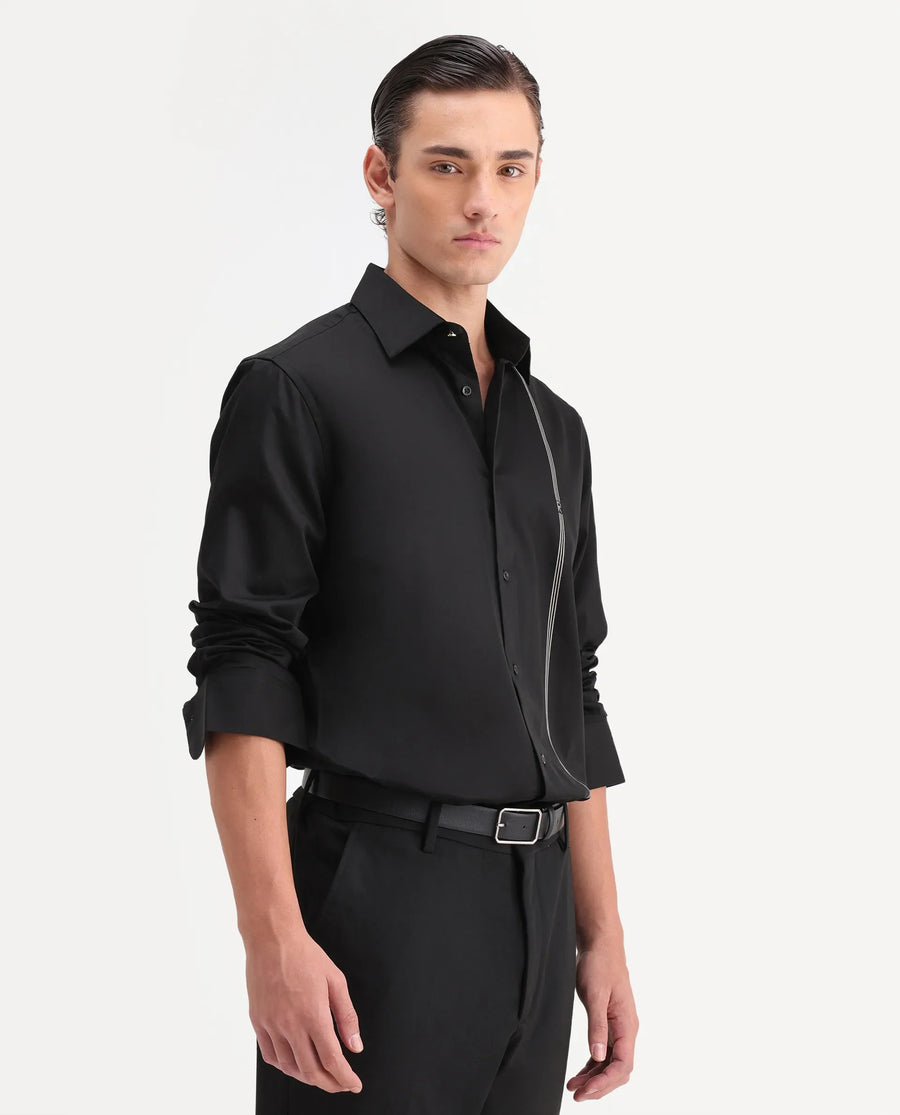Rare Rabbit Men's Fump Black Cotton Jacquard Regular Fit Full Sleeve Collared Shirt