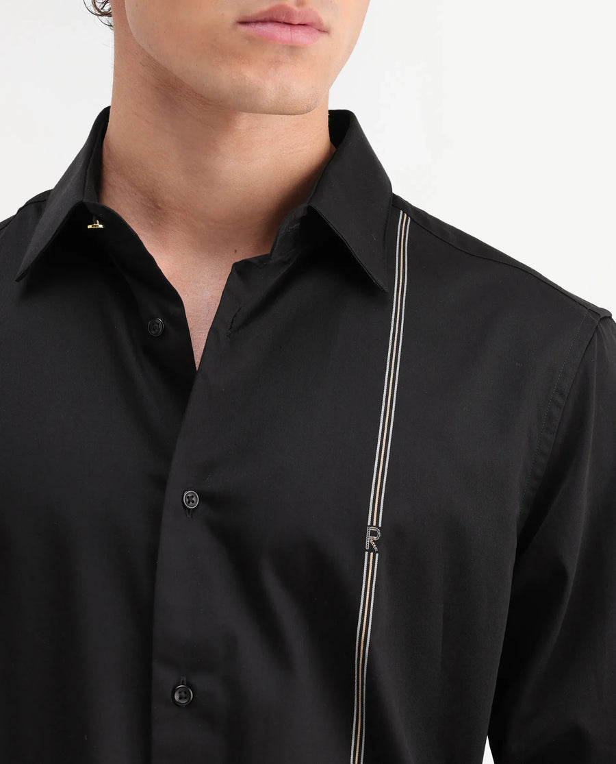 Rare Rabbit Men's Fump Black Cotton Jacquard Regular Fit Full Sleeve Collared Shirt
