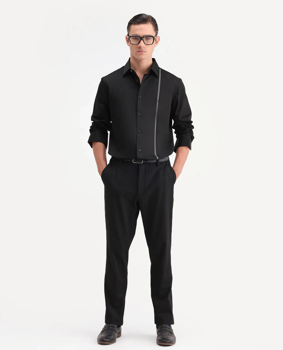 Rare Rabbit Men's Fump Black Cotton Jacquard Regular Fit Full Sleeve Collared Shirt