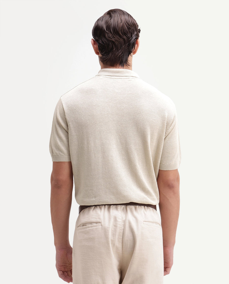 Rare Rabbit Men's Mekko-25 Beige Cotton Blend Plain Regular Fit Half Sleeve Polo