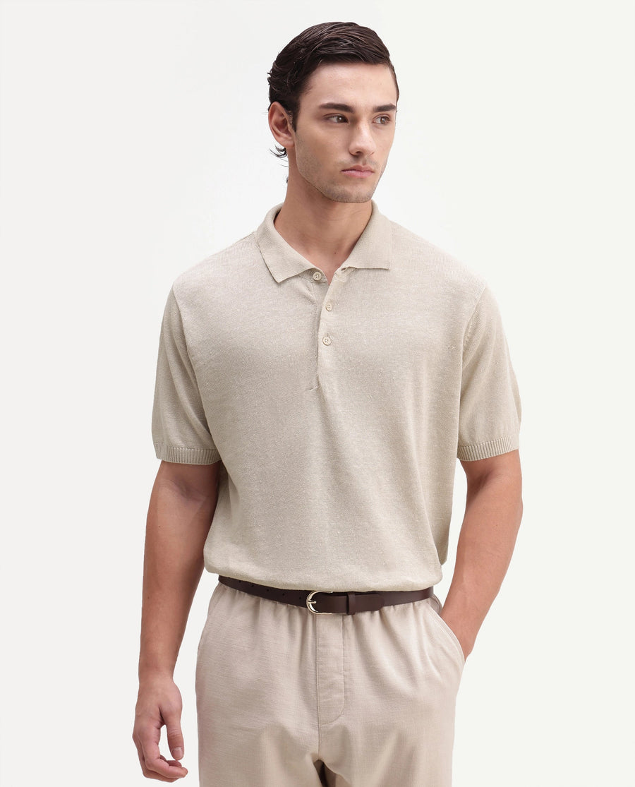 Rare Rabbit Men's Mekko-25 Beige Cotton Blend Plain Regular Fit Half Sleeve Polo