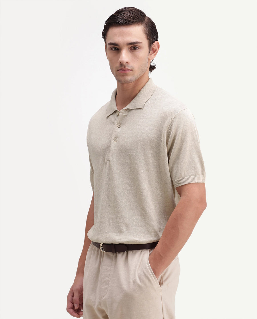 Rare Rabbit Men's Mekko-25 Beige Cotton Blend Plain Regular Fit Half Sleeve Polo