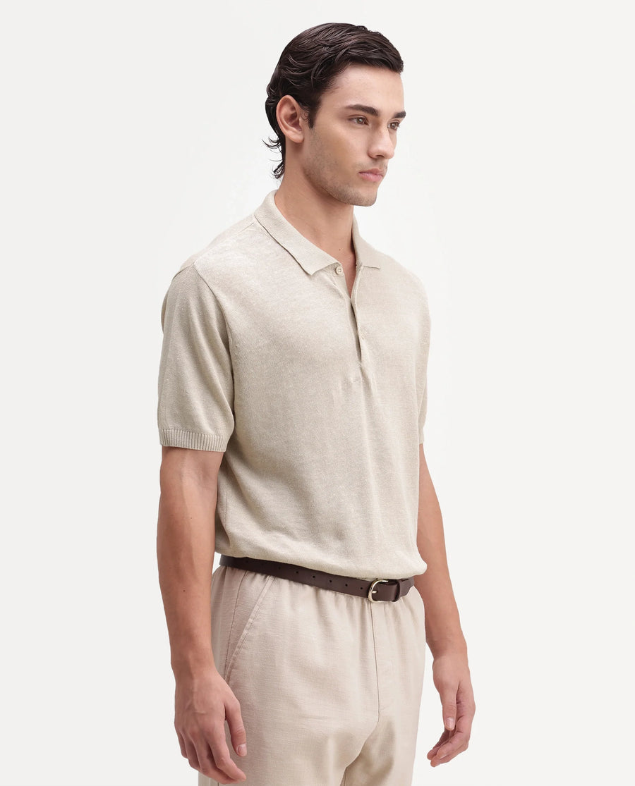Rare Rabbit Men's Mekko-25 Beige Cotton Blend Plain Regular Fit Half Sleeve Polo