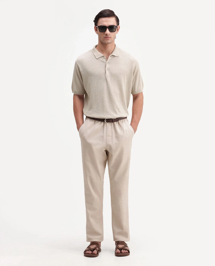 Rare Rabbit Men's Mekko-25 Beige Cotton Blend Plain Regular Fit Half Sleeve Polo