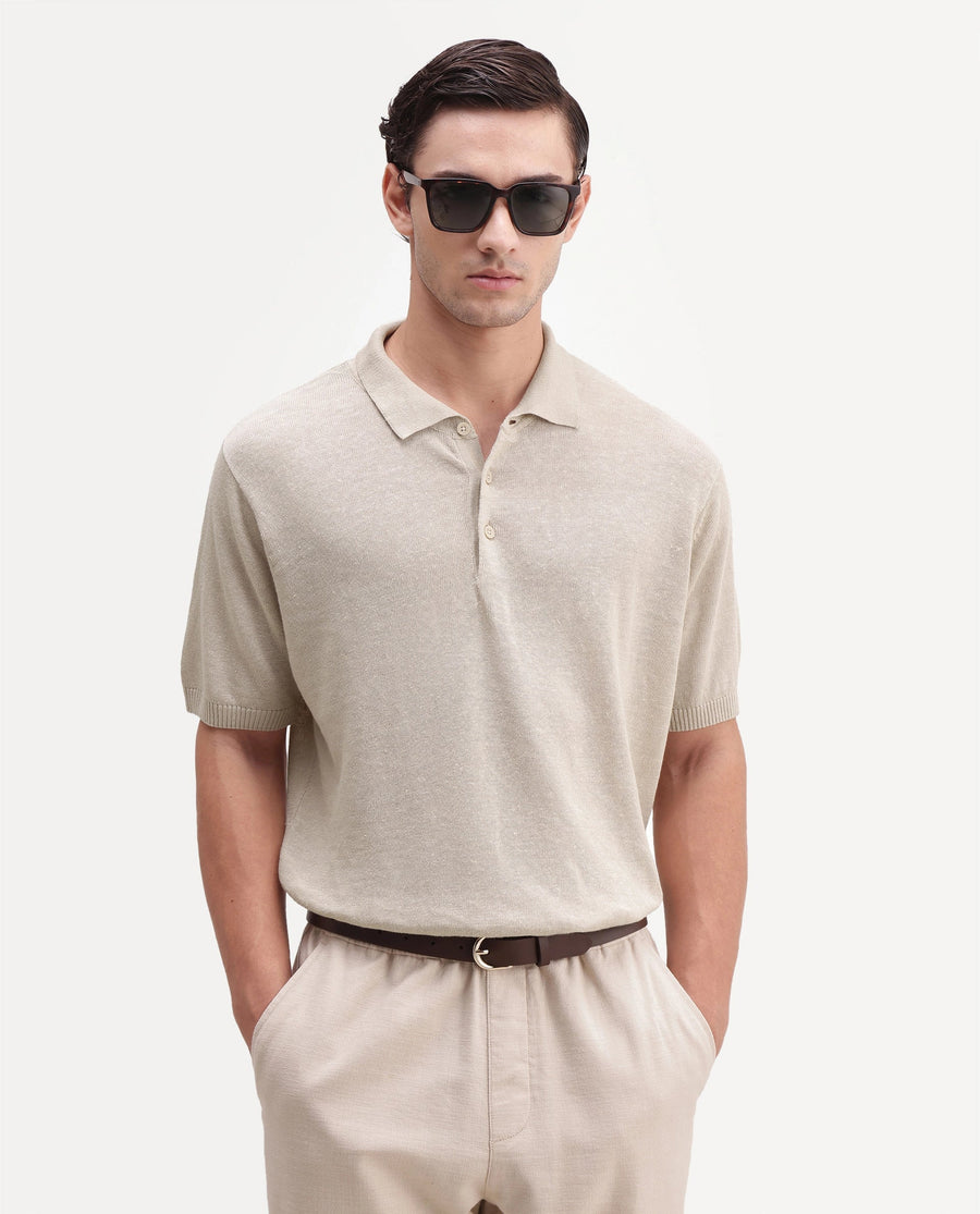 Rare Rabbit Men's Mekko-25 Beige Cotton Blend Plain Regular Fit Half Sleeve Polo