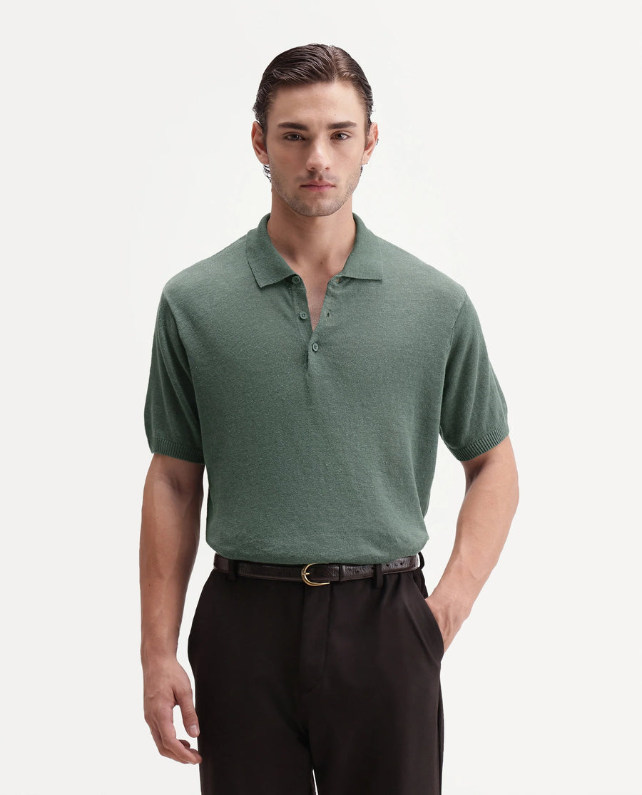 Rare Rabbit Men's Mekko-25 Green Cotton Blend Plain Regular Fit Half Sleeve Polo