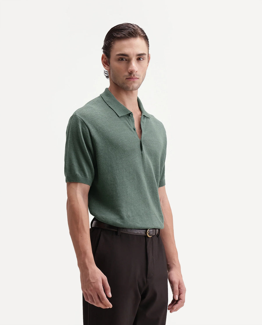 Rare Rabbit Men's Mekko-25 Green Cotton Blend Plain Regular Fit Half Sleeve Polo