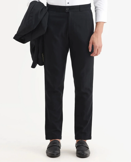 Rare Rabbit Men Jacky Black Cotton Fabric Button And Zip Closure Closure Regular Fit Jacquard Trouser