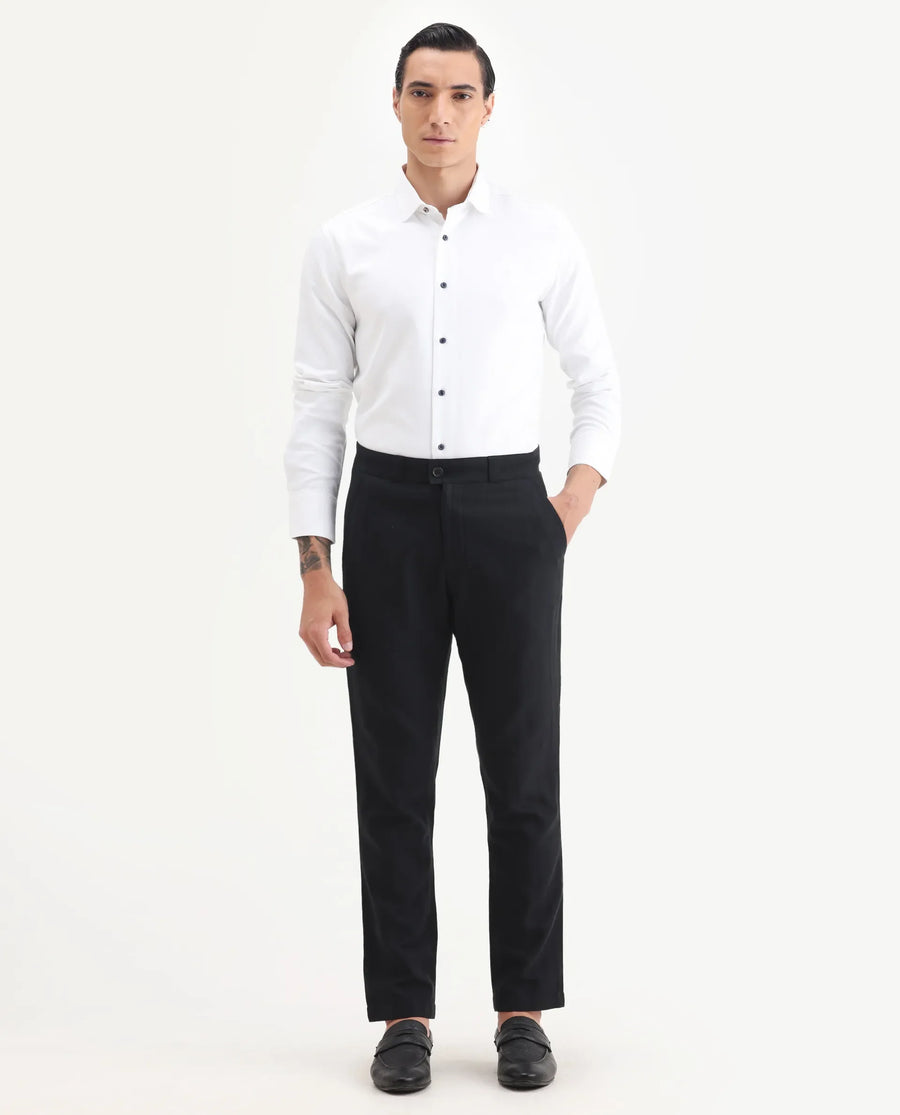 Rare Rabbit Men Jacky Black Cotton Fabric Button And Zip Closure Closure Regular Fit Jacquard Trouser