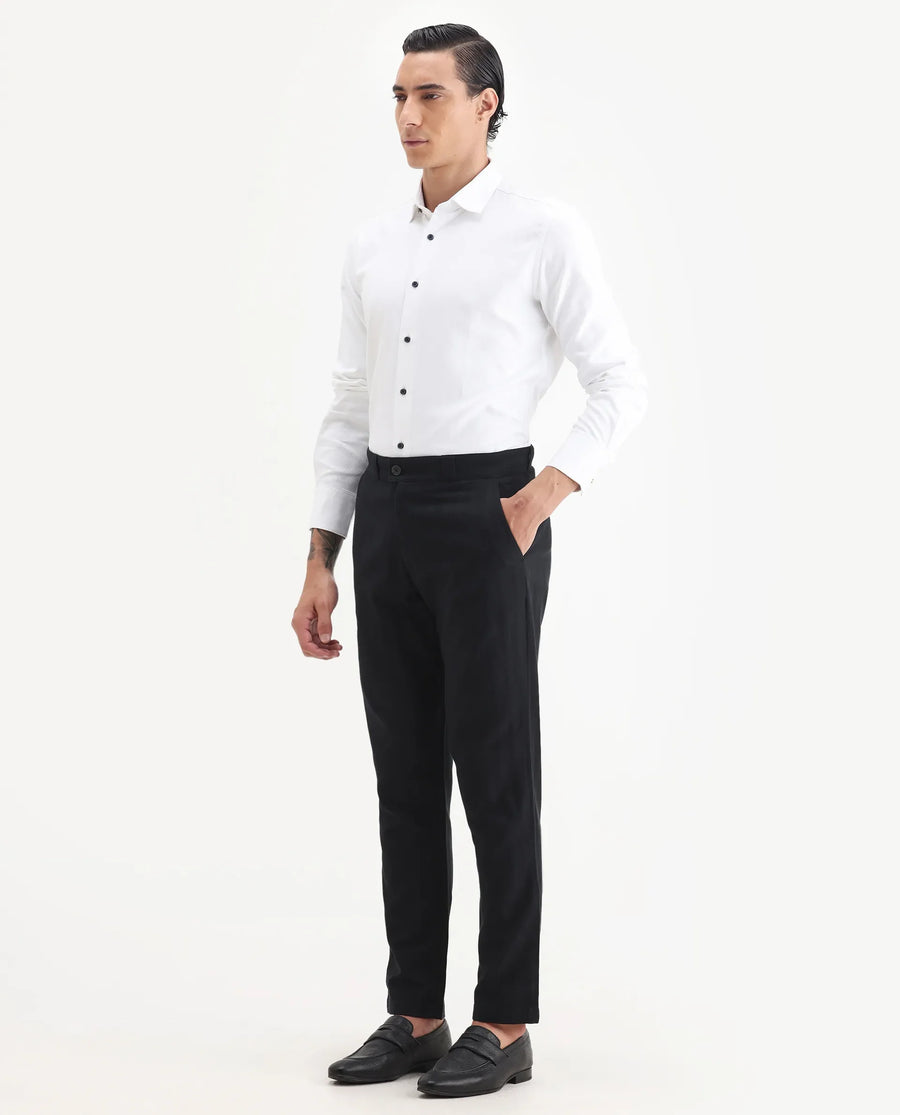 Rare Rabbit Men Jacky Black Cotton Fabric Button And Zip Closure Closure Regular Fit Jacquard Trouser