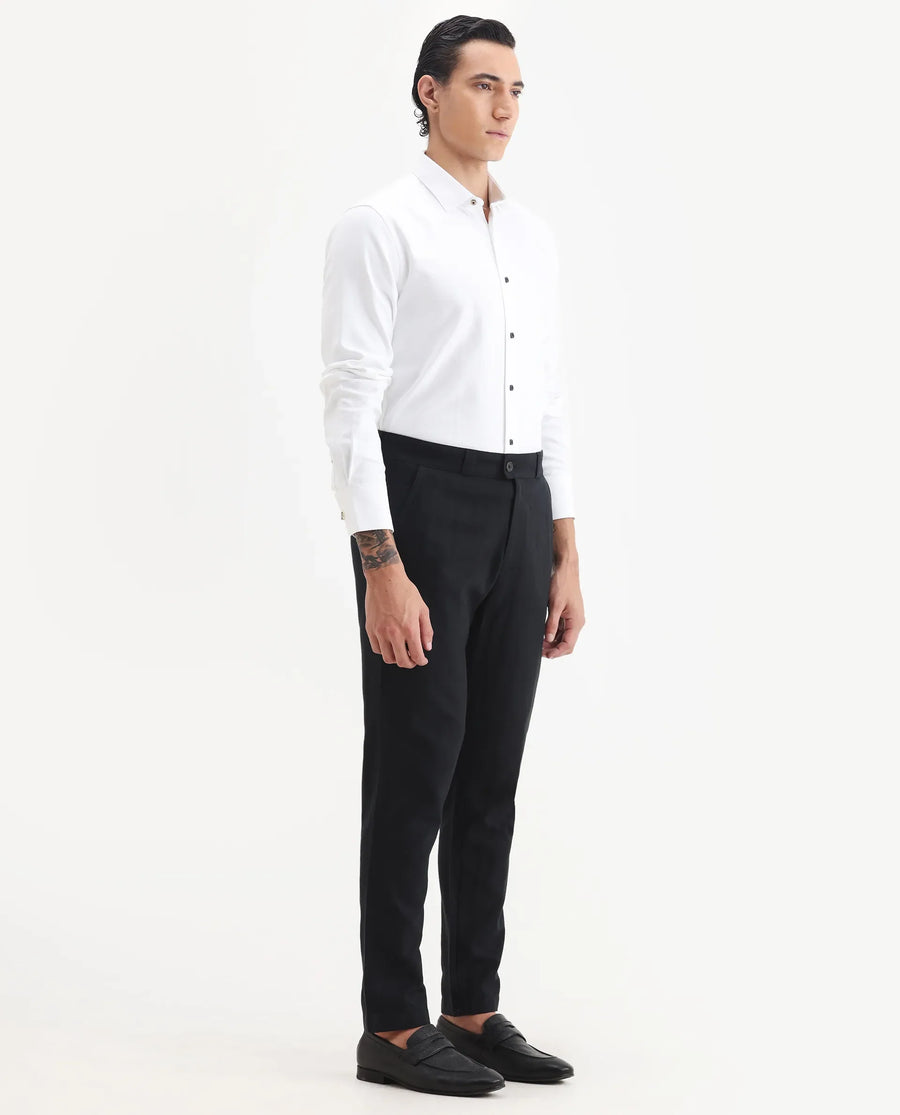Rare Rabbit Men Jacky Black Cotton Fabric Button And Zip Closure Closure Regular Fit Jacquard Trouser