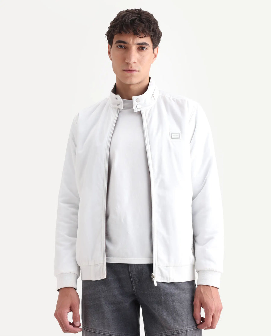 Rare Rabbit Men's Royban-25 Off White Polyester Plain Regular Fit Full Sleeve High Neck Jacket