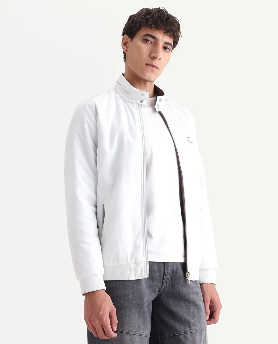 Rare Rabbit Men's Royban-25 Off White Polyester Plain Regular Fit Full Sleeve High Neck Jacket