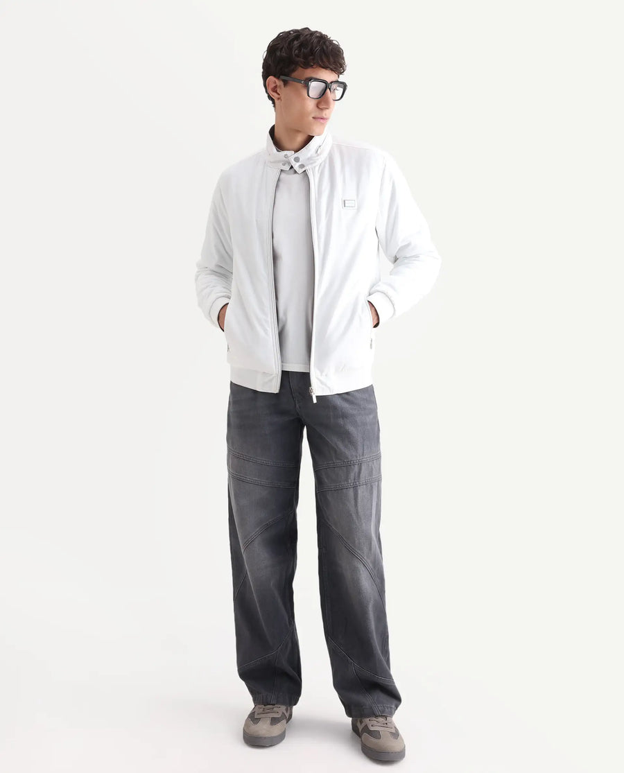 Rare Rabbit Men's Royban-25 Off White Polyester Plain Regular Fit Full Sleeve High Neck Jacket