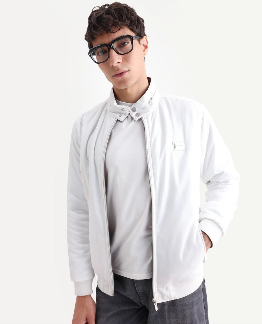 Rare Rabbit Men's Royban-25 Off White Polyester Plain Regular Fit Full Sleeve High Neck Jacket