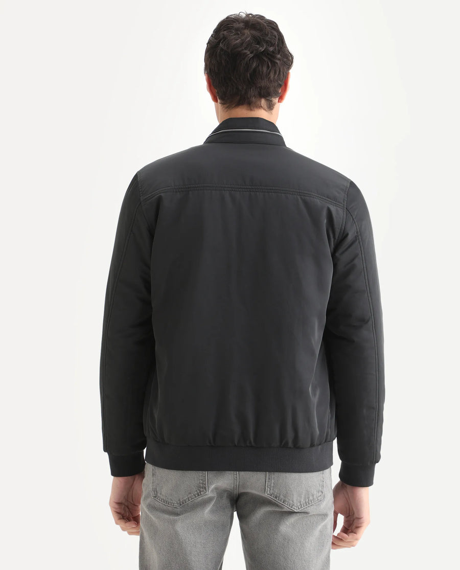 Rare Rabbit Men's Royban-25 Black Polyester Plain Regular Fit Full Sleeve High Neck Jacket