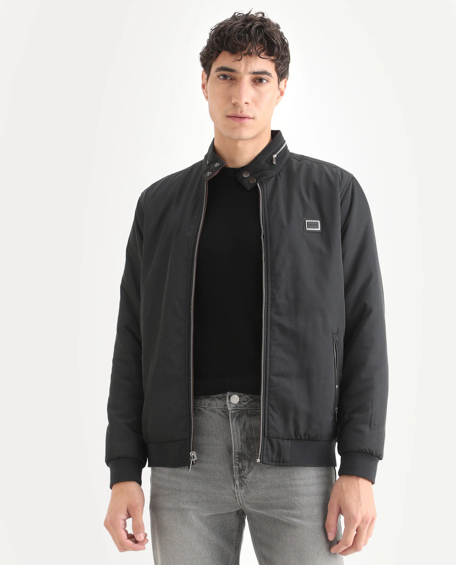 Rare Rabbit Men's Royban-25 Black Polyester Plain Regular Fit Full Sleeve High Neck Jacket