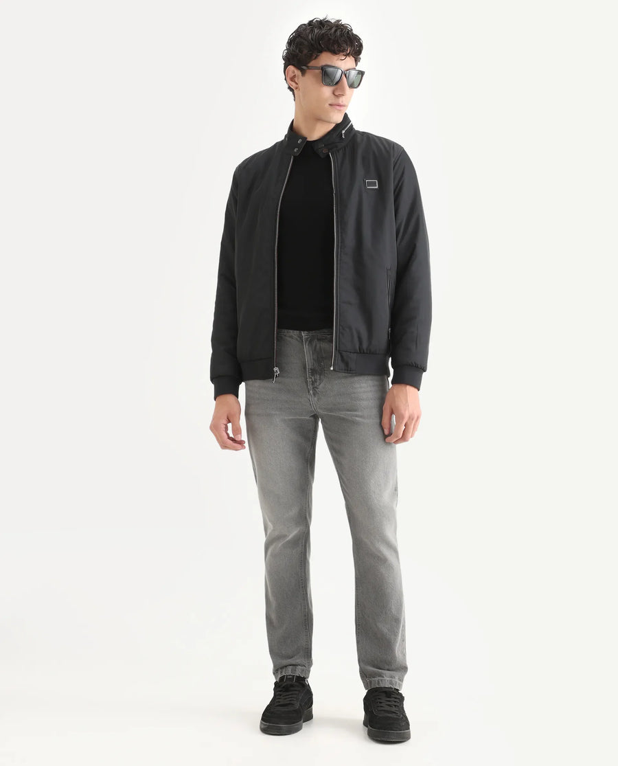 Rare Rabbit Men's Royban-25 Black Polyester Plain Regular Fit Full Sleeve High Neck Jacket