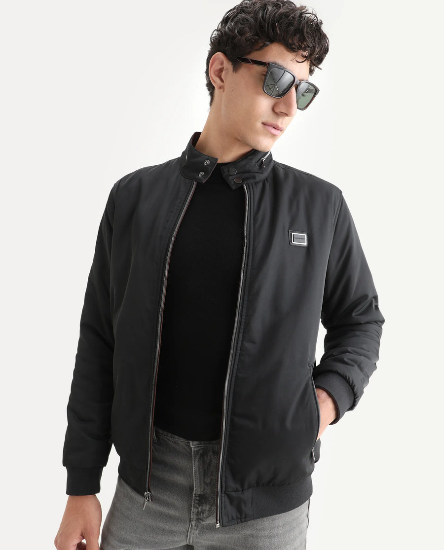 Rare Rabbit Men's Royban-25 Black Polyester Plain Regular Fit Full Sleeve High Neck Jacket