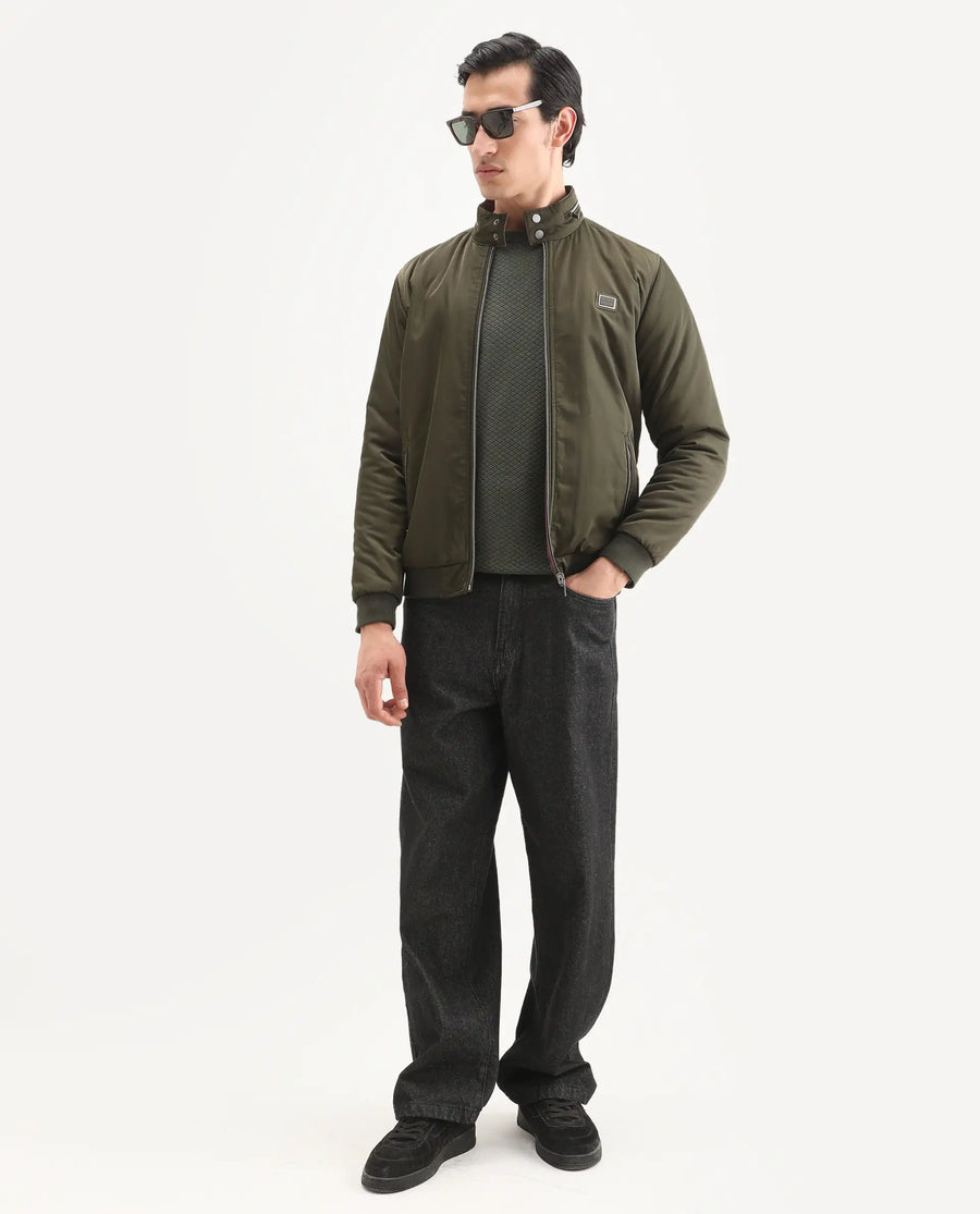 Rare Rabbit Men's Royban-25 Olive Polyester Plain Regular Fit Full Sleeve High Neck Jacket