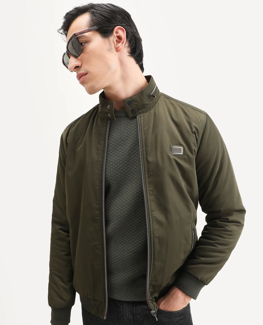 Rare Rabbit Men's Royban-25 Olive Polyester Plain Regular Fit Full Sleeve High Neck Jacket