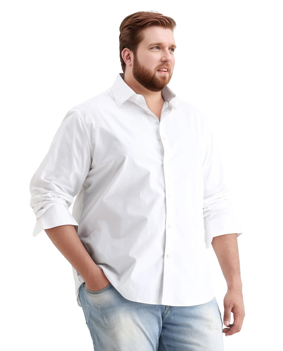 Rare Rabbit Men's Whit Big White Cotton Fabric Collared Neck Regular Plain Shirt