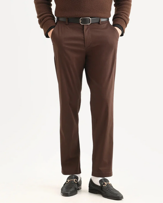 Rare Rabbit Men Bene Dark Brown Cotton Blend Fabric Button Closure Straight Fit Plain Trouser