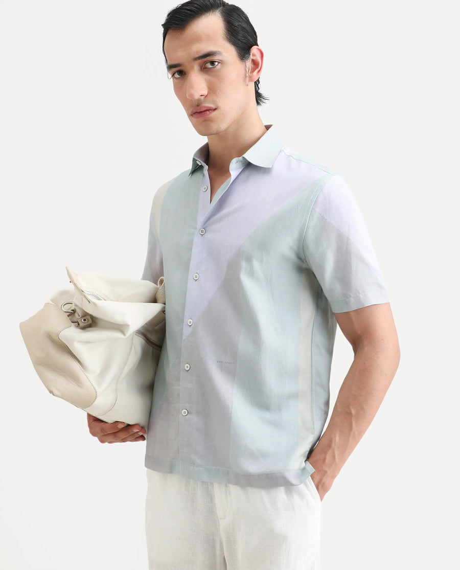 Rare Rabbit Men's Fade Pastel Green Cotton Blend Geometric Print Regular Fit Half Sleeve Collared Shirt