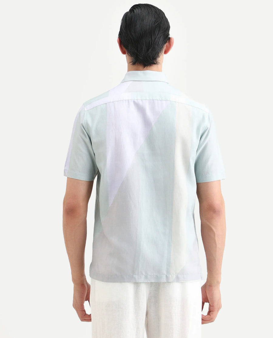 Rare Rabbit Men's Fade Pastel Green Cotton Blend Geometric Print Regular Fit Half Sleeve Collared Shirt