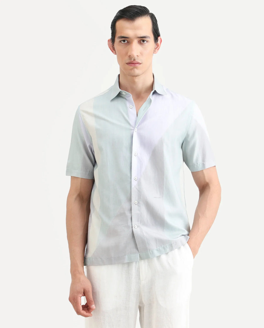 Rare Rabbit Men's Fade Pastel Green Cotton Blend Geometric Print Regular Fit Half Sleeve Collared Shirt