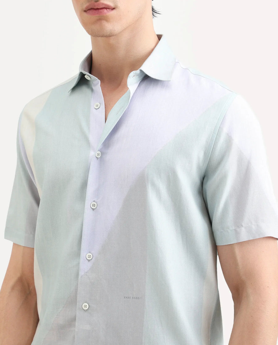 Rare Rabbit Men's Fade Pastel Green Cotton Blend Geometric Print Regular Fit Half Sleeve Collared Shirt