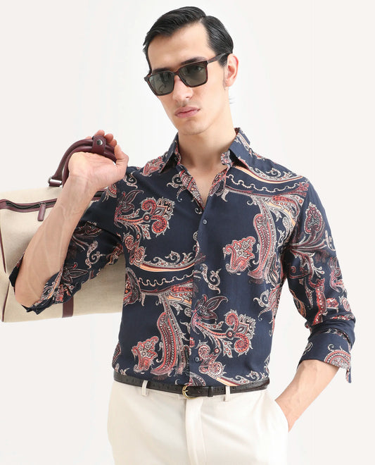 Rare Rabbit Men's Strom Dark Blue Viscose Paisley Print Regular Fit Full Sleeve Collared Shirt