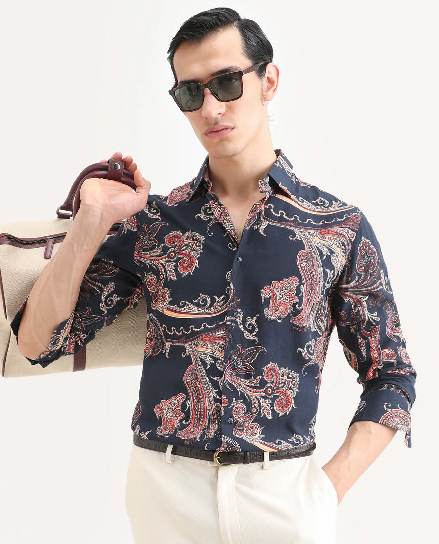 Rare Rabbit Men's Strom Dark Blue Viscose Paisley Print Regular Fit Full Sleeve Collared Shirt