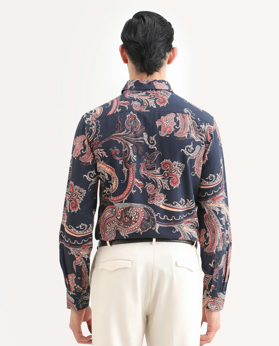 Rare Rabbit Men's Strom Dark Blue Viscose Paisley Print Regular Fit Full Sleeve Collared Shirt