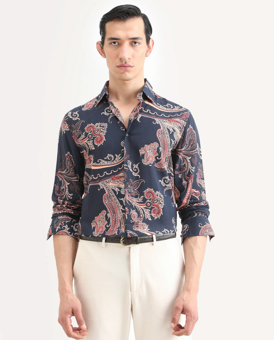 Rare Rabbit Men's Strom Dark Blue Viscose Paisley Print Regular Fit Full Sleeve Collared Shirt