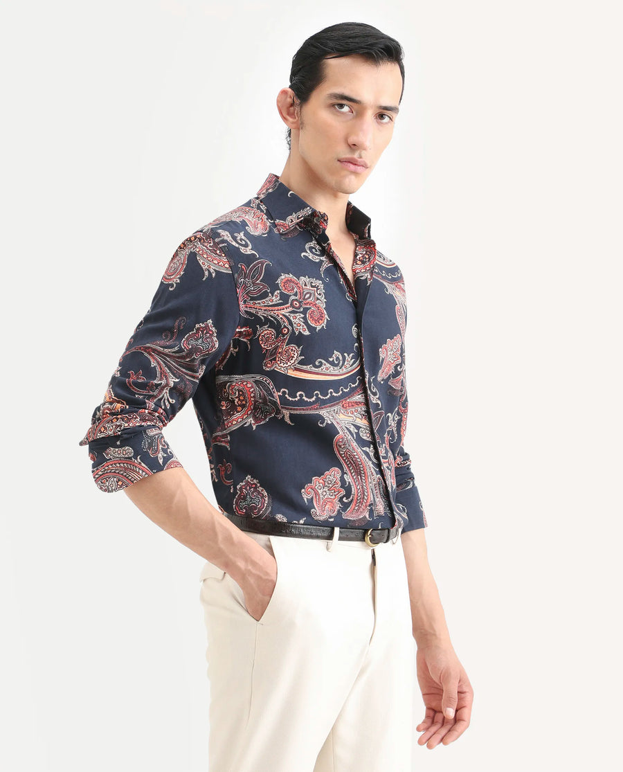 Rare Rabbit Men's Strom Dark Blue Viscose Paisley Print Regular Fit Full Sleeve Collared Shirt