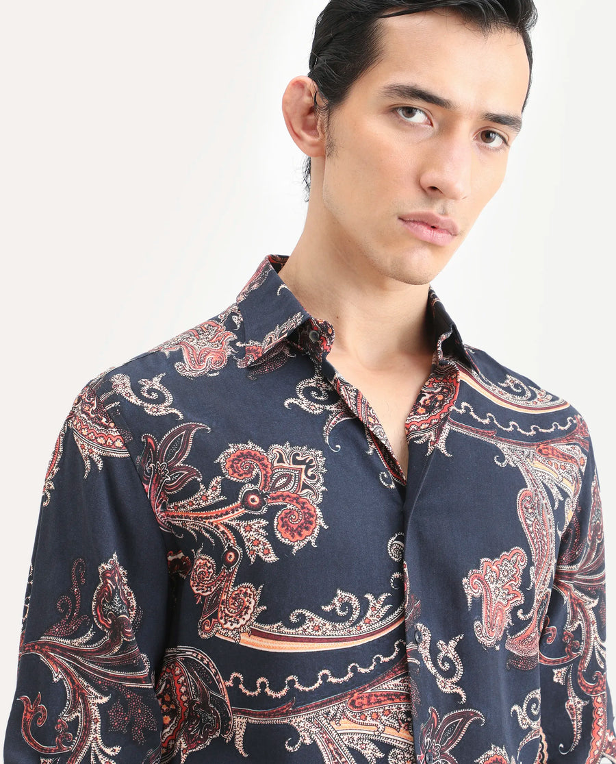 Rare Rabbit Men's Strom Dark Blue Viscose Paisley Print Regular Fit Full Sleeve Collared Shirt