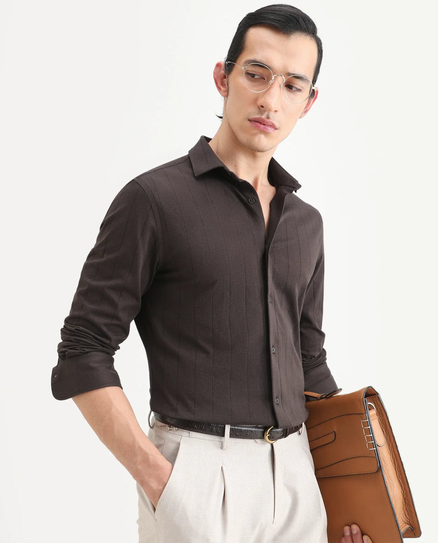 Rare Rabbit Men's Vert-Ls-25 Brown Cotton Blend Plain Regular Fit Full Sleeve Collared Shirt