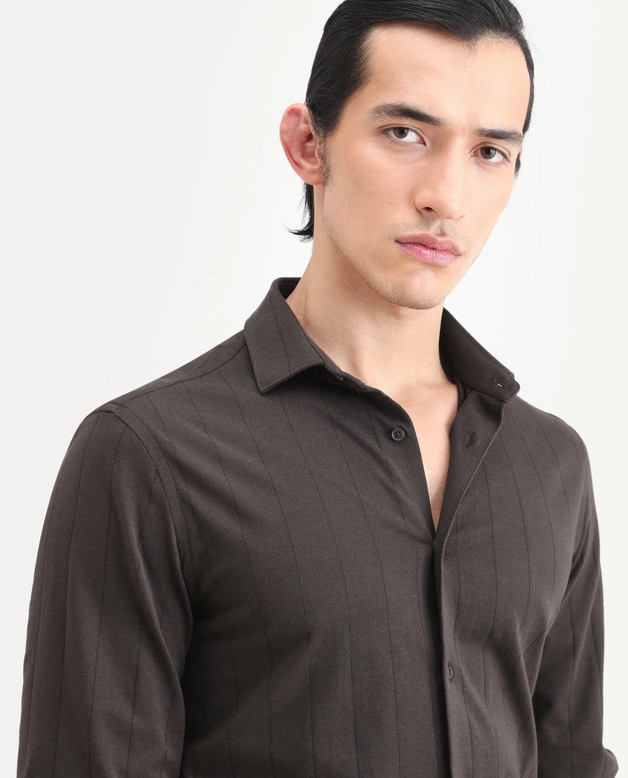 Rare Rabbit Men's Vert-Ls-25 Brown Cotton Blend Plain Regular Fit Full Sleeve Collared Shirt