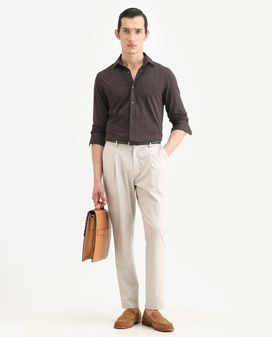 Rare Rabbit Men's Vert-Ls-25 Brown Cotton Blend Plain Regular Fit Full Sleeve Collared Shirt
