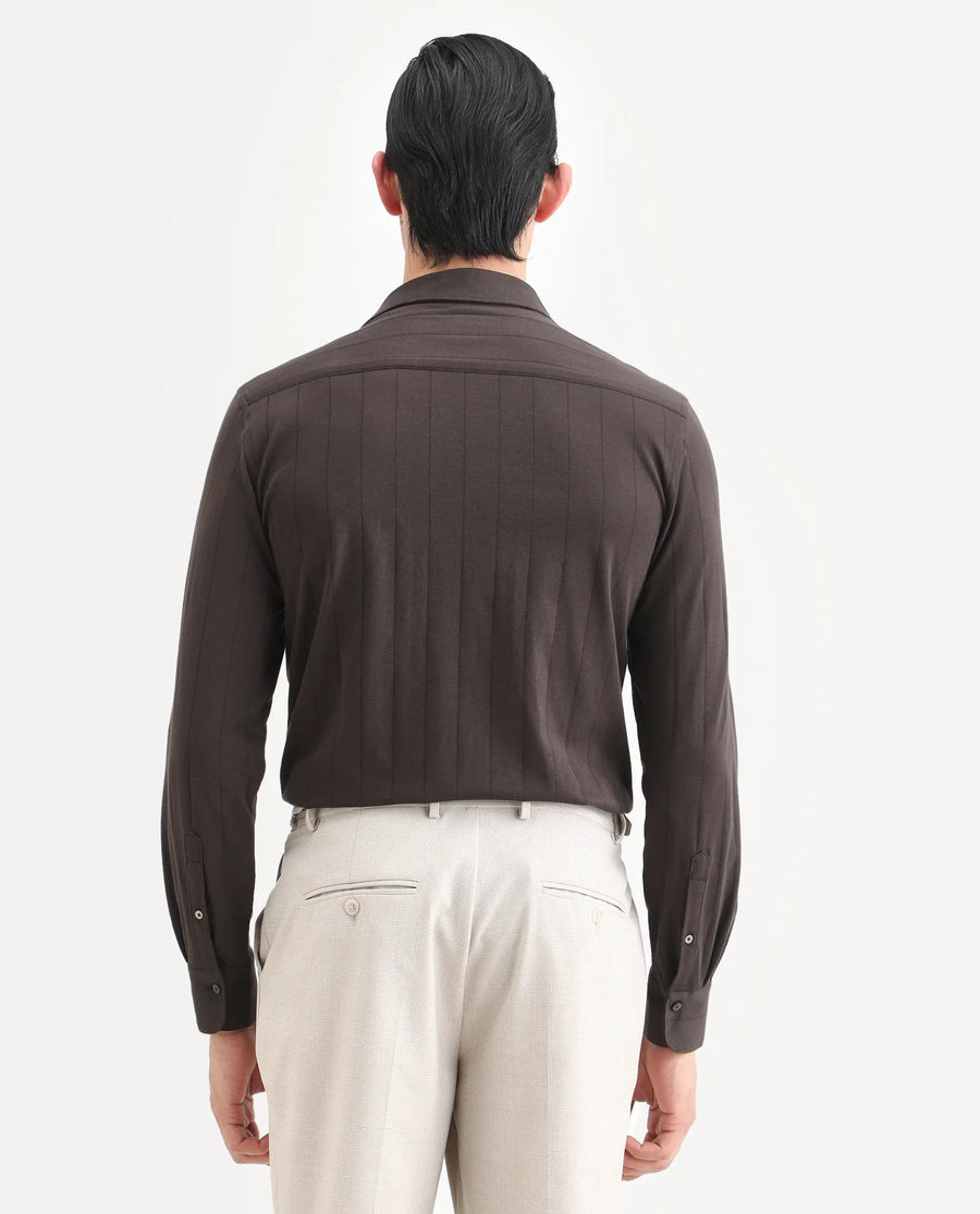Rare Rabbit Men's Vert-Ls-25 Brown Cotton Blend Plain Regular Fit Full Sleeve Collared Shirt