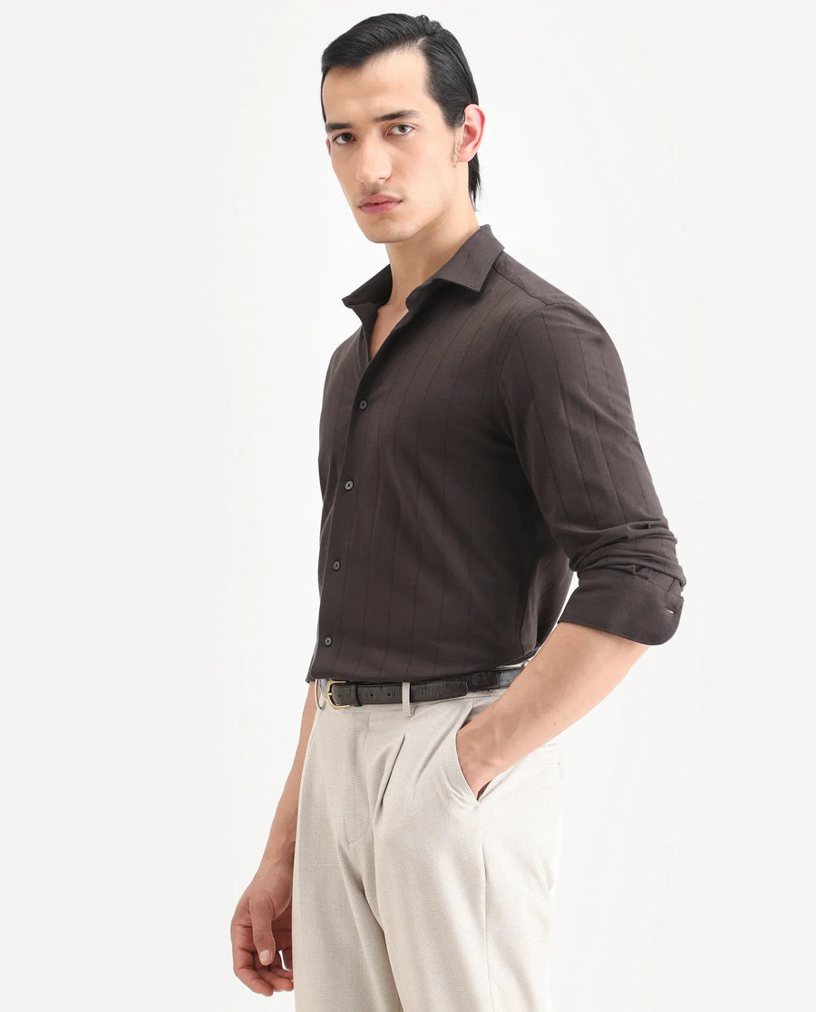 Rare Rabbit Men's Vert-Ls-25 Brown Cotton Blend Plain Regular Fit Full Sleeve Collared Shirt