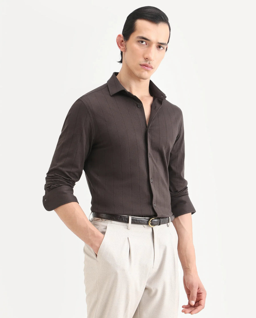 Rare Rabbit Men's Vert-Ls-25 Brown Cotton Blend Plain Regular Fit Full Sleeve Collared Shirt