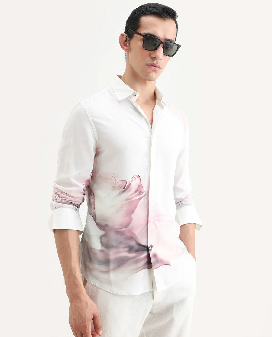 Rare Rabbit Men's Tavi White Viscose Floral Print Regular Fit Full Sleeve Collared Shirt
