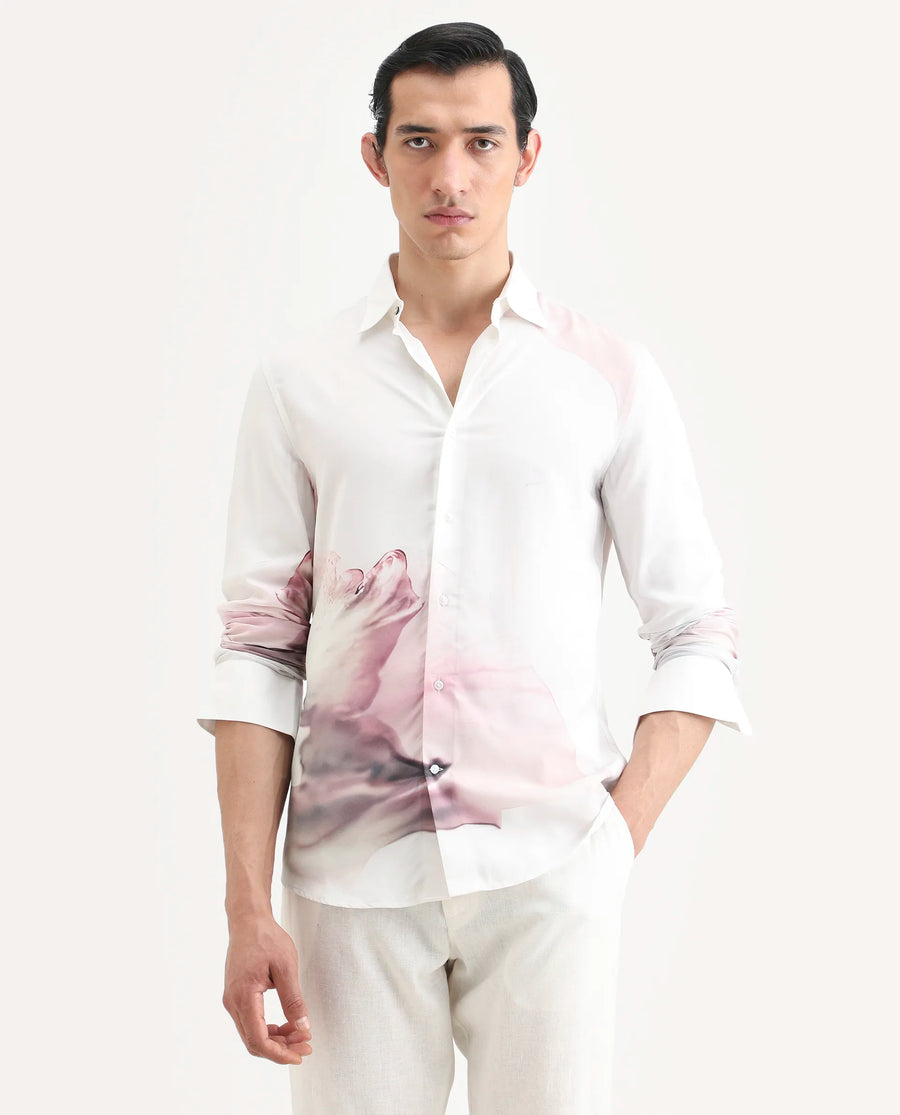 Rare Rabbit Men's Tavi White Viscose Floral Print Regular Fit Full Sleeve Collared Shirt